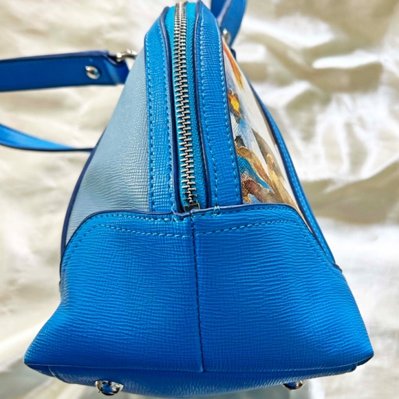 SATCHEL, LEATHER, BLUE WITH MULTICOLOUR FLORAL, TOP DOUBLE ZIP CLOSURE, TWO - Picture 7 of 16
